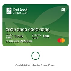 Placeholder of a digital dugood card with zeros printed on the numbers. A timer counts down with the available time left to view the card