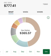 A Pie chart of spending throughout the month of december. Majority of the graph is focused on gas station spending.