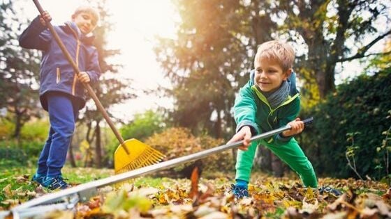 children raking leaves