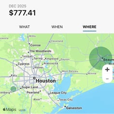 Example of spend insights map feature. Activity on the map shows a large circle around Beaumont, Texas.