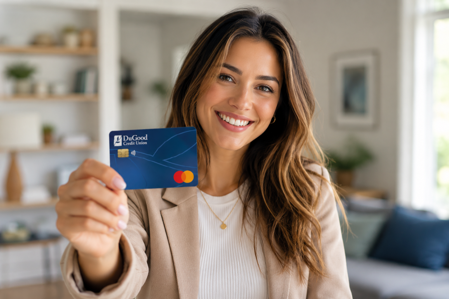 Hand holding a credit card near a laptop